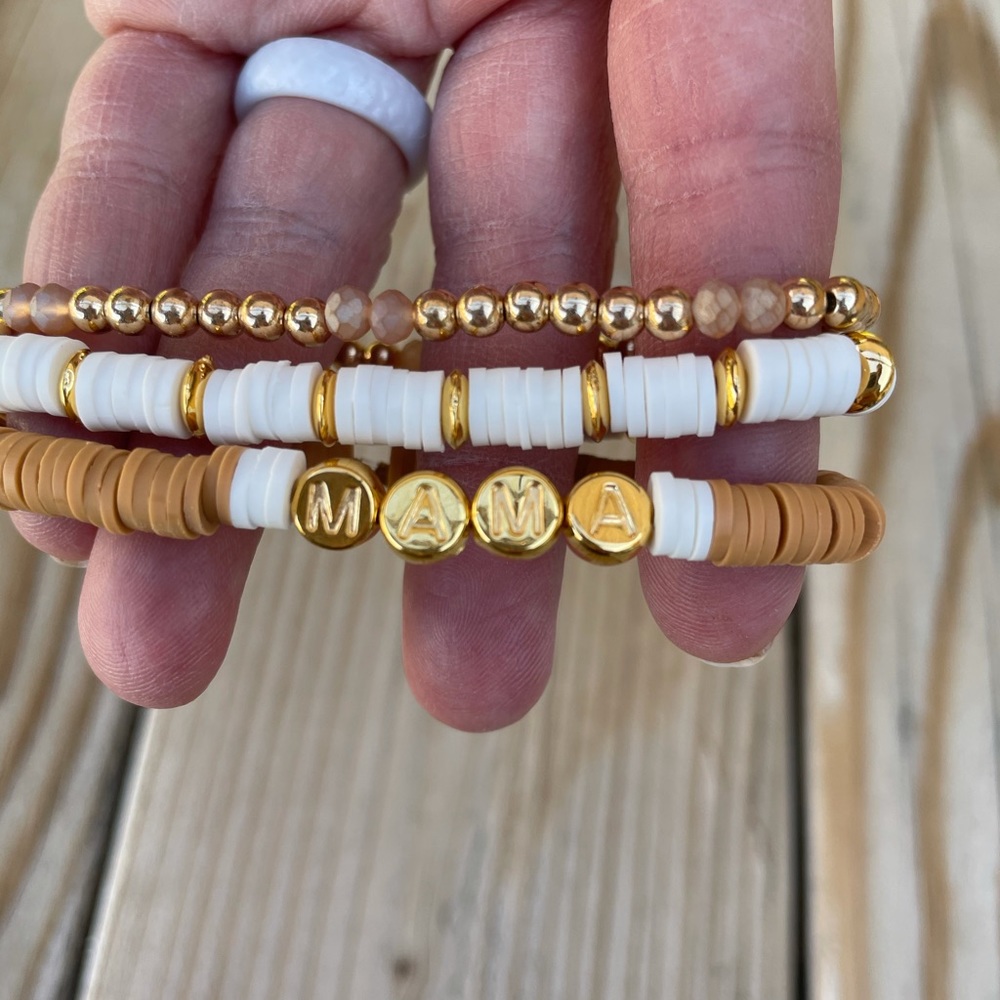Gold tan white mama bracelet stack heishi